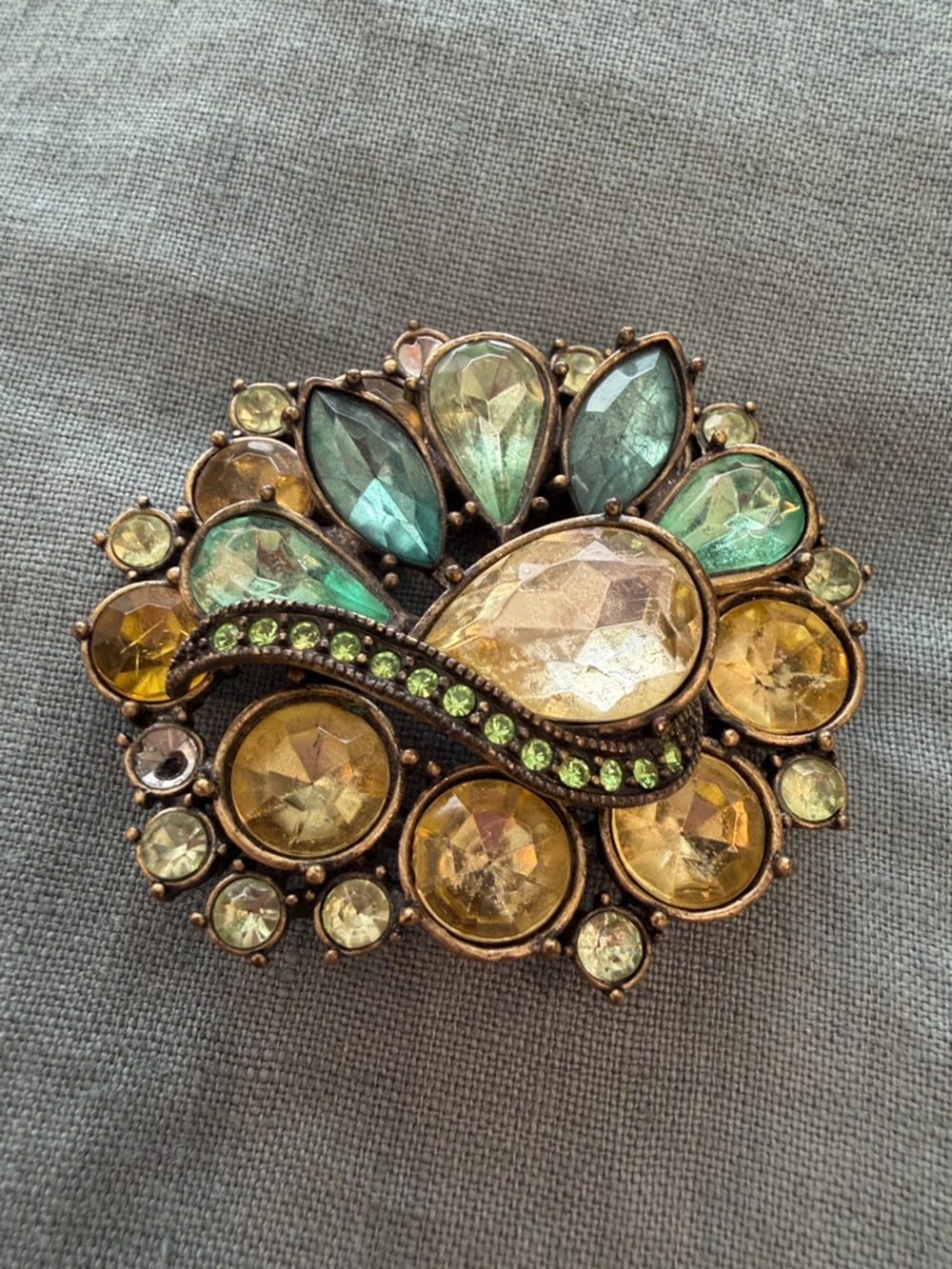Vintage Multicolor Crystal Floral Brooch - Sparkling Yellow & Teal Accent